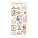 A sheet of decorative stickers featuring vintage-style illustrations, including teddy bears, flowers, scissors, a sewing machine, buttons, and labels in soft pastel tones on a white background.