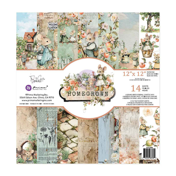 A 12x12 sheet of scrapbook paper from Tina & Chris Crafts' Homegrown collection, featuring a collage of vintage-style bunny illustrations, floral elements, and rustic textures in soft pastel colors.