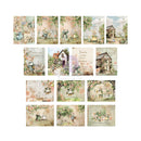 A collage of 18 vintage-style illustrated cards or prints arranged in a grid on a white background. The designs feature teddy bears in garden scenes, small houses, flowers, and soft pastel text elements.