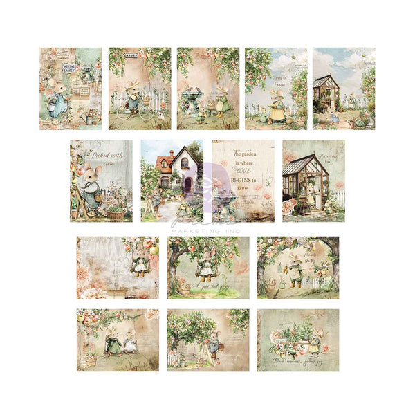 A collage of 18 vintage-style illustrated cards or prints arranged in a grid on a white background. The designs feature teddy bears in garden scenes, small houses, flowers, and soft pastel text elements.