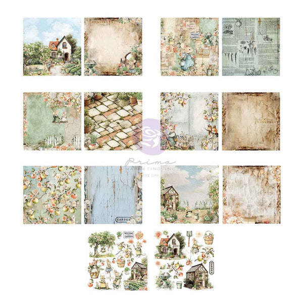 A collage of 16 rustic, vintage-themed scrapbooking paper designs and coordinating stickers, featuring elements like old houses, flowers, cobblestone paths, weathered wood, and newspaper prints in soft pastel and earthy tones.