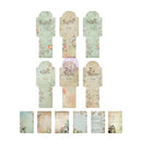A set of vintage-style wedding invitation card templates and matching envelope pieces arranged on a plain white background. The cards have an aged, distressed look with floral accents and elegant script text, while the envelopes feature a matching pastel watercolor design.