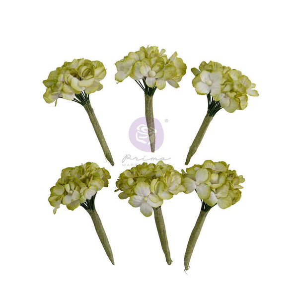 Six artificial flower buds with pale yellow-green and white petals on green stems, arranged on a plain white background with a faint central watermark.