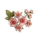 A cluster of artificial pink and white roses with green leaves, isolated on a white background.