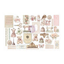 A sheet of vintage-style decorative stickers or decals featuring sewing machines, swans, teddy bears, butterflies, flowers, sewing notions, and French text such as 'Paris', 'Bougie', and 'Une vie', arranged on a plain white background.