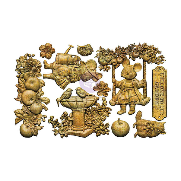 A set of decorative garden-themed cutouts or stickers featuring a mouse gardening, fruit clusters, birds at a birdbowl, flowers, and a sign reading 'WELCOME TO OUR GARDEN' on a plain white background.