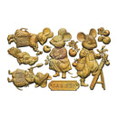 A set of vintage-style mouse figurines and garden-themed decorative pieces in a warm gold and brown color palette, featuring a central mouse in a dress, other mice, apples, and a sign that reads 'GARDEN'.