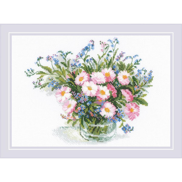 Cross-stitched pattern of a bouquet of flowers in a glass vase on a white background
