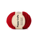 Red ball of yarn with a Poppy Crafts label on a white background