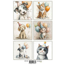 Set of six cards featuring puppies and kittens with party hats and balloons.