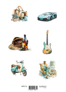Collection of vintage-themed items including a hat, bottle, guitar, scooter, and person sitting on a chair on a white background.