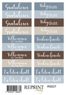 Set of decorative text labels in various colors with brand name 'Reprint'.