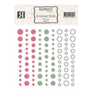 Packaging of Reprint Enamel Dots with pink, green, and black dots on a white background.