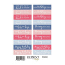 Set of birthday-themed stickers with text in blue and pink on a white background, featuring the brand 'Reprint'.