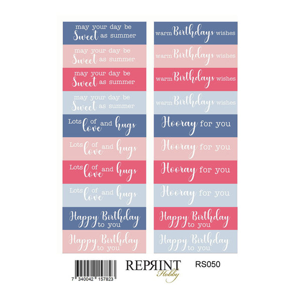 Set of birthday-themed stickers with text in blue and pink on a white background, featuring the brand 'Reprint'.
