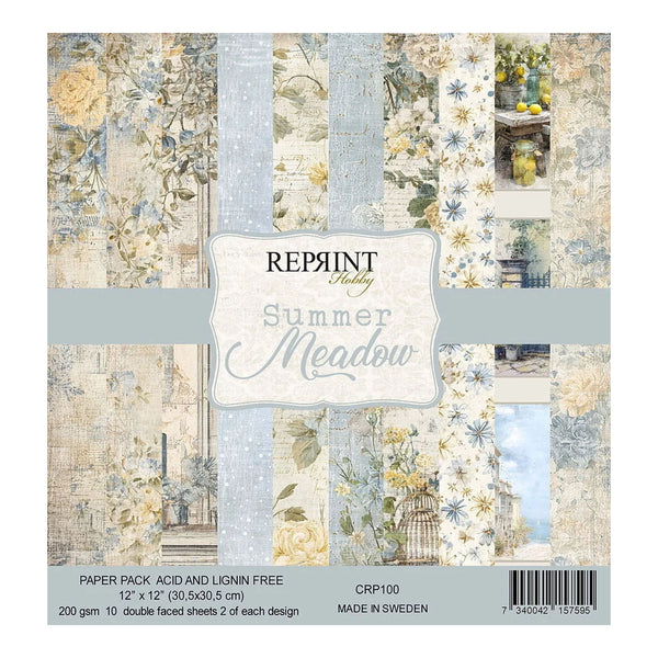 Pack of paper with floral and nature-themed designs on a blue background, featuring the brand 'Reprint'.