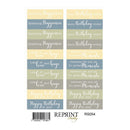 Set of birthday-themed stickers with various phrases on a white background, featuring the brand 'Reprint'.