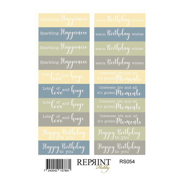 Set of birthday-themed stickers with various phrases on a white background, featuring the brand 'Reprint'.