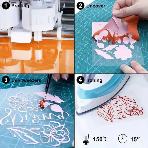 Step-by-step process of creating and using a cutout design with printing, uncovering, using tweezers, and ironing.