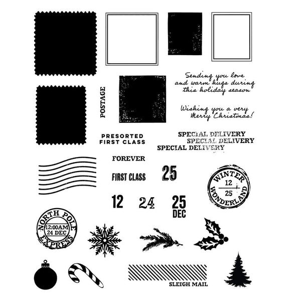 Collection of black Christmas-themed stamps and design elements on a white background
