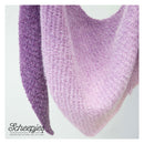Knitted shawl with a gradient of purple and pink on a white background, featuring the brand 'Scheepjes'.