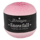 Pink skein of yarn with 'Scheepjes Snowfall' label on a white background