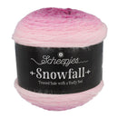 Ball of pink yarn with a black label on a white background