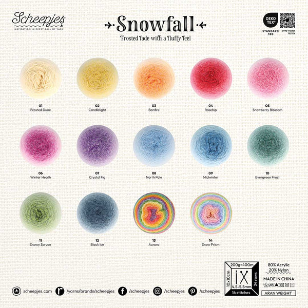 Color chart for Scheepjes Snowfall yarn with yarn samples and names.