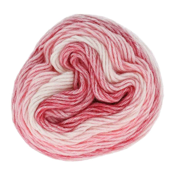 Ball of pink and white yarn on a white background