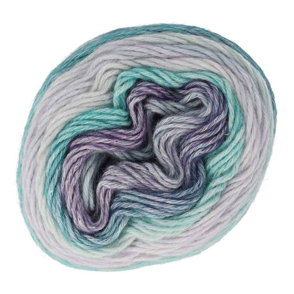 Multicolored yarn ball with shades of purple, green, and gray on a white background