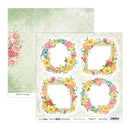 Floral design paper with decorative frames and text on a textured background