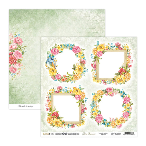 Floral design paper with decorative frames and text on a textured background