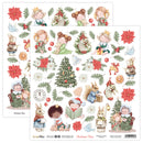 Set of Christmas-themed stickers with children, animals, and decorative elements on a white background.