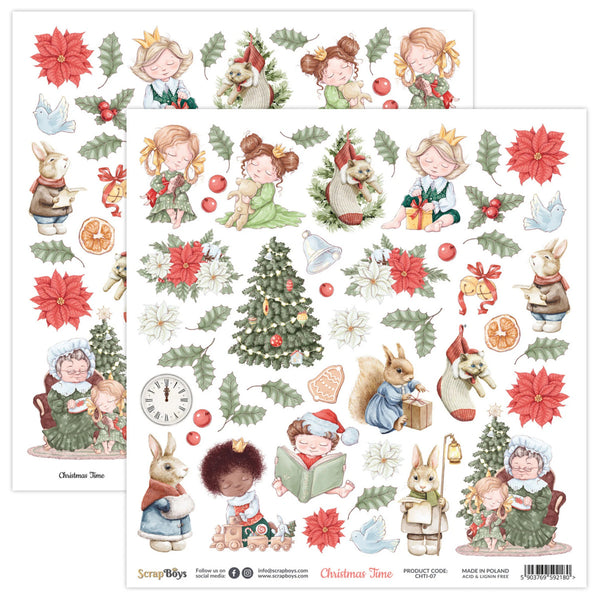 Set of Christmas-themed stickers with children, animals, and decorative elements on a white background.