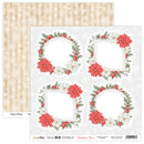 Sheet of paper with Christmas-themed designs including wreaths and poinsettias on a white background.