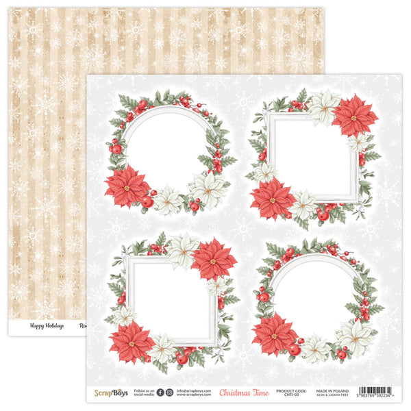 Sheet of paper with Christmas-themed designs including wreaths and poinsettias on a white background.
