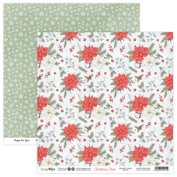Christmas-themed paper with poinsettias and holly on a white background, featuring a green patterned border.