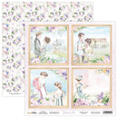 Set of paper sheets with romantic illustrations and floral patterns, featuring a couple in a garden setting.