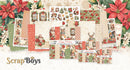 Collection of Christmas-themed scrapbooking paper sheets with Santa Claus, reindeer, and poinsettias on a white background.