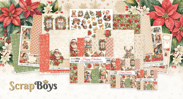 Collection of Christmas-themed scrapbooking paper sheets with Santa Claus, reindeer, and poinsettias on a white background.
