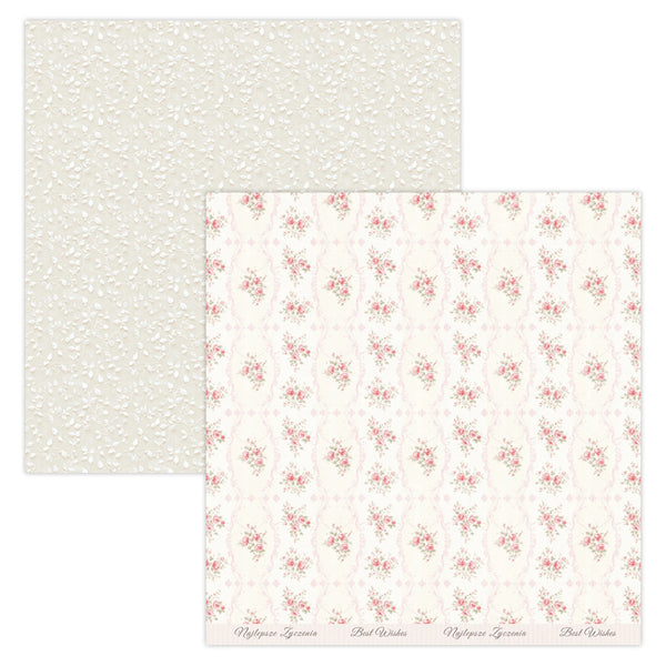 Two sheets of patterned paper, one with a subtle dot design and the other with a floral pattern, on a white background.