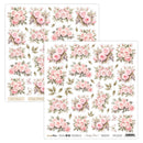 Sheet of floral stickers with pink roses and green leaves on a white background