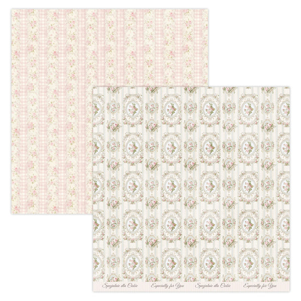 Two sheets of patterned paper, one pink with floral design and one white with decorative border, on a white background.