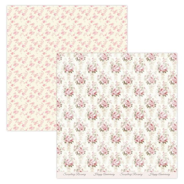 Two floral patterned papers with pink flowers on a white background.