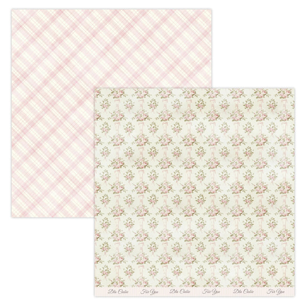 Two sheets of patterned paper, one with a pink plaid design and the other with a floral design, on a white background.