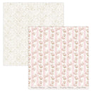 Two sheets of floral patterned paper, one white and one pink with floral stripes, on a white background.