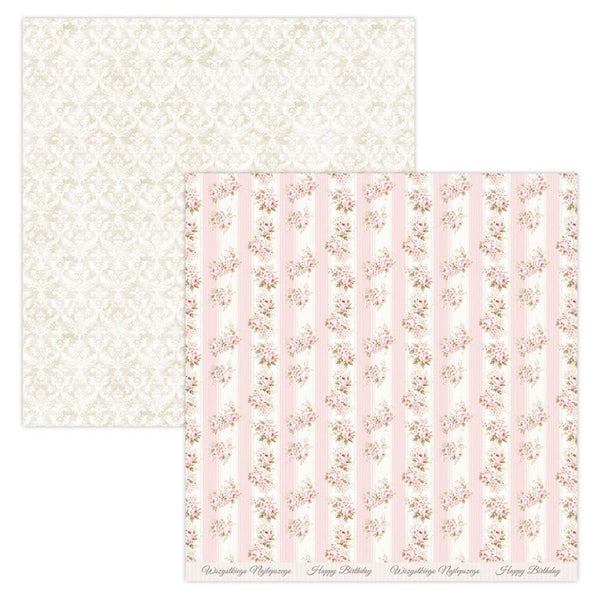 Two sheets of floral patterned paper, one white and one pink with floral stripes, on a white background.