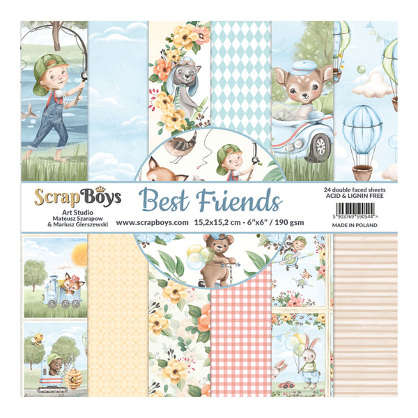 Scrapbooking paper pack with animal-themed designs and 'ScrapBoys' branding.