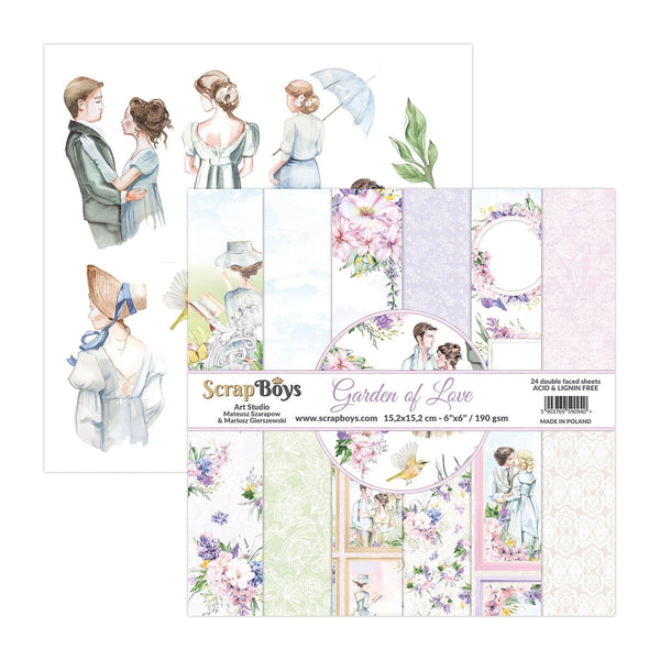 Scrapbooking paper pack with 'Garden of Love' theme featuring people and floral designs.