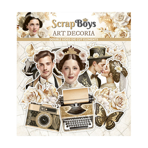 Scrapbooking elements with vintage-style people, camera, and typewriter on a decorative background.